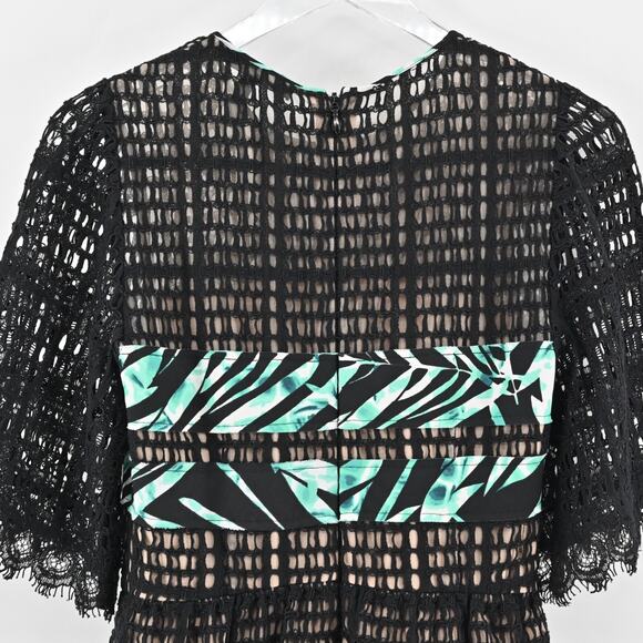 BCBGMAXAZRIA‎ Dress Sz 4 Layna Palms Print Black Teal Lace Trim Half Sleeve Mini - Picture 6 of 13